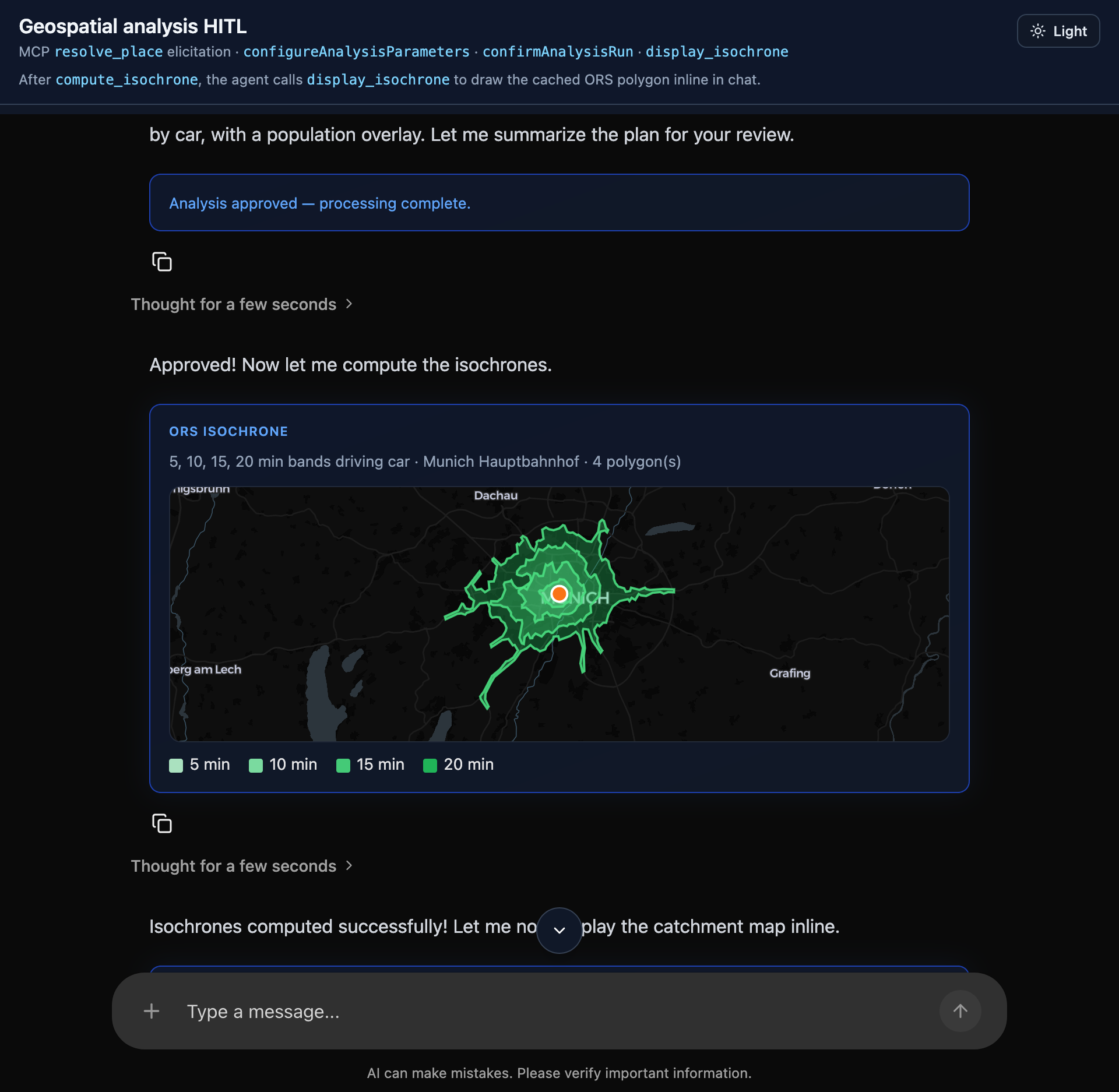 Human-in-the-loop isochrone workflow from Exercise 7